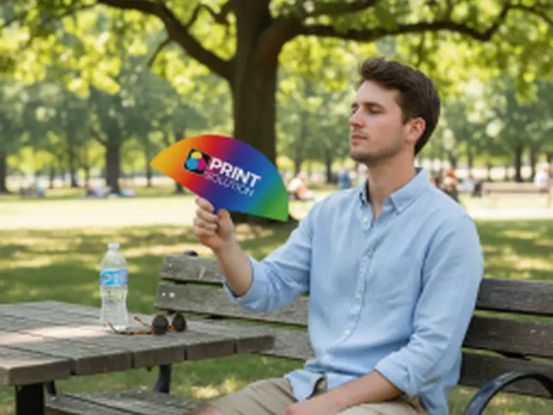 Persona usando un abanico de cartón personalizado en un parque