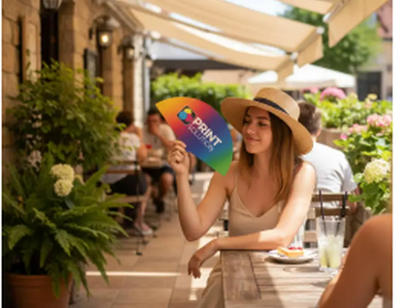 Invitados en una boda usando abanicos de cartón personalizados en un evento de verano