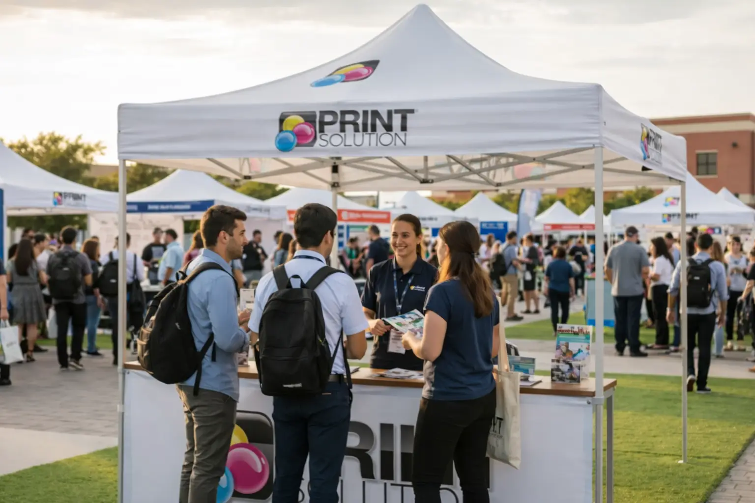 Varias carpas personalizadas alineadas en una feria exterior